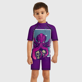 Детский купальный костюм 3D с принтом Ктулху в Тюмени, Полиэстер 85%, Спандекс 15% | застежка на молнии на спине | кракен | ктулху | монстр | морской монстр | осьминог | чудище | чудовище
