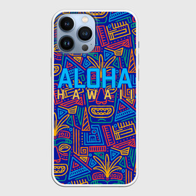 Чехол для iPhone 13 Pro Max с принтом ALOHA HAWAII | АЛОХА ГАВАЙИ в Тюмени,  |  | Тематика изображения на принте: aloha | aloha hawaii | hawaii | гаваи | гавайи | гавайские маски | индийские маски | маска тики | маски | маски тики | надпись | пальмы | синий | тики