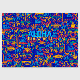 Поздравительная открытка с принтом ALOHA HAWAII | АЛОХА ГАВАЙИ в Тюмени, 100% бумага | плотность бумаги 280 г/м2, матовая, на обратной стороне линовка и место для марки
 | Тематика изображения на принте: aloha | aloha hawaii | hawaii | гаваи | гавайи | гавайские маски | индийские маски | маска тики | маски | маски тики | надпись | пальмы | синий | тики