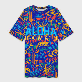 Платье-футболка 3D с принтом ALOHA HAWAII | АЛОХА ГАВАЙИ в Тюмени,  |  | aloha | aloha hawaii | hawaii | гаваи | гавайи | гавайские маски | индийские маски | маска тики | маски | маски тики | надпись | пальмы | синий | тики