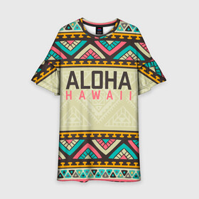 Детское платье 3D с принтом АЛОХА ГАВАЙИ, ALOHA, SUMMER в Тюмени, 100% полиэстер | прямой силуэт, чуть расширенный к низу. Круглая горловина, на рукавах — воланы | Тематика изображения на принте: aloha | aloha hawaii | hawaii | serfing | summer | гаваи | гавайи | гавайский паттрен | дайвинг | лето | море | отпуск | пляж | серфинг | текстура
