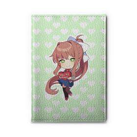 Обложка для автодокументов с принтом Chibi Monika в Тюмени, натуральная кожа |  размер 19,9*13 см; внутри 4 больших “конверта” для документов и один маленький отдел — туда идеально встанут права | Тематика изображения на принте: ddlc | doki doki literature club | monika | моника