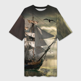 Платье-футболка 3D с принтом Парусник в Тюмени,  |  | гроза | живопись | корабль | море | парусник | старинный | чайки