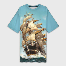 Платье-футболка 3D с принтом Парусник в Тюмени,  |  | волны | живопись | корабль | море | парусник | старинный