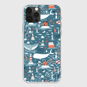 Чехол для iPhone 12 Pro с принтом Море и его жители в Тюмени, силикон | область печати: задняя сторона чехла, без боковых панелей | киты | кораллы | маяк | море | морская тема | морские символы | паттерн | чайка