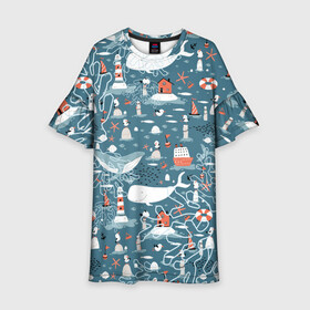 Детское платье 3D с принтом Море и его жители в Тюмени, 100% полиэстер | прямой силуэт, чуть расширенный к низу. Круглая горловина, на рукавах — воланы | Тематика изображения на принте: киты | кораллы | маяк | море | морская тема | морские символы | паттерн | чайка