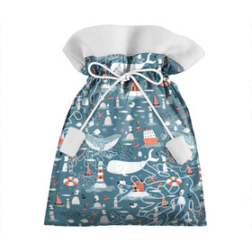 Подарочный 3D мешок с принтом Море и его жители в Тюмени, 100% полиэстер | Размер: 29*39 см | Тематика изображения на принте: киты | кораллы | маяк | море | морская тема | морские символы | паттерн | чайка