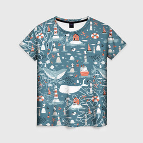 Женская футболка 3D с принтом Море и его жители в Тюмени, 100% полиэфир ( синтетическое хлопкоподобное полотно) | прямой крой, круглый вырез горловины, длина до линии бедер | киты | кораллы | маяк | море | морская тема | морские символы | паттерн | чайка