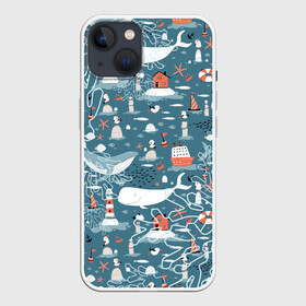 Чехол для iPhone 13 с принтом Море и его жители в Тюмени,  |  | киты | кораллы | маяк | море | морская тема | морские символы | паттерн | чайка