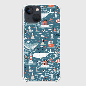 Чехол для iPhone 13 mini с принтом Море и его жители в Тюмени,  |  | Тематика изображения на принте: киты | кораллы | маяк | море | морская тема | морские символы | паттерн | чайка
