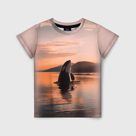 Детская футболка 3D с принтом касатки на закате в Тюмени, 100% гипоаллергенный полиэфир | прямой крой, круглый вырез горловины, длина до линии бедер, чуть спущенное плечо, ткань немного тянется | Тематика изображения на принте: ocean | orca | sea | sea animal | дельфин | закат | касатка | кит | море | океан | рисунок кита