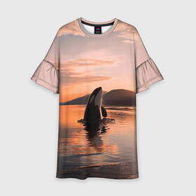 Детское платье 3D с принтом касатки на закате в Тюмени, 100% полиэстер | прямой силуэт, чуть расширенный к низу. Круглая горловина, на рукавах — воланы | ocean | orca | sea | sea animal | дельфин | закат | касатка | кит | море | океан | рисунок кита