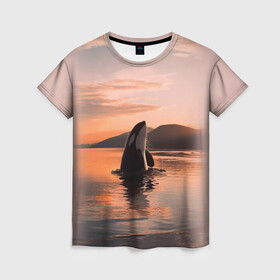 Женская футболка 3D с принтом касатки на закате в Тюмени, 100% полиэфир ( синтетическое хлопкоподобное полотно) | прямой крой, круглый вырез горловины, длина до линии бедер | ocean | orca | sea | sea animal | дельфин | закат | касатка | кит | море | океан | рисунок кита