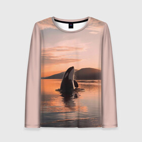 Женский лонгслив 3D с принтом касатки на закате в Тюмени, 100% полиэстер | длинные рукава, круглый вырез горловины, полуприлегающий силуэт | ocean | orca | sea | sea animal | дельфин | закат | касатка | кит | море | океан | рисунок кита