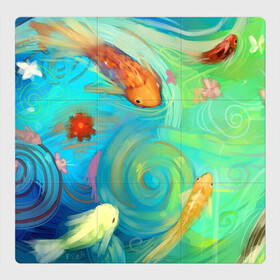 Магнитный плакат 3Х3 с принтом Золотые рыбы в море абстракции в Тюмени, Полимерный материал с магнитным слоем | 9 деталей размером 9*9 см | Тематика изображения на принте: абстракция | водная абстракция | золотая рыбка | рыба | рыбы