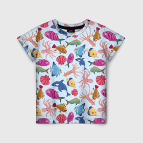 Детская футболка 3D с принтом Подводные существа в Тюмени, 100% гипоаллергенный полиэфир | прямой крой, круглый вырез горловины, длина до линии бедер, чуть спущенное плечо, ткань немного тянется | Тематика изображения на принте: дельфины | кальмары | морские животные | морские обитатели | осьминоги | ракушки | рыбы