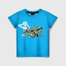Детская футболка 3D с принтом Морская абстракция в Тюмени, 100% гипоаллергенный полиэфир | прямой крой, круглый вырез горловины, длина до линии бедер, чуть спущенное плечо, ткань немного тянется | девушка | дельфин | медуза | медузы | морские животные | морские обитатели | осьминог