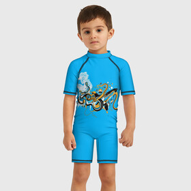 Детский купальный костюм 3D с принтом Морская абстракция в Тюмени, Полиэстер 85%, Спандекс 15% | застежка на молнии на спине | девушка | дельфин | медуза | медузы | морские животные | морские обитатели | осьминог
