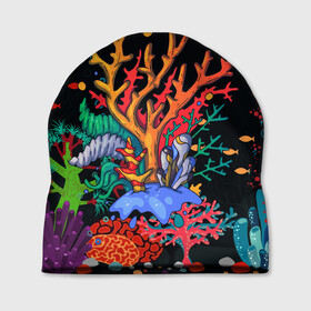 Шапка 3D с принтом Морской пейзаж в Тюмени, 100% полиэстер | универсальный размер, печать по всей поверхности изделия | кораллы | море | морская тема | морские символы | морской пейзаж | ракушка | рыбы