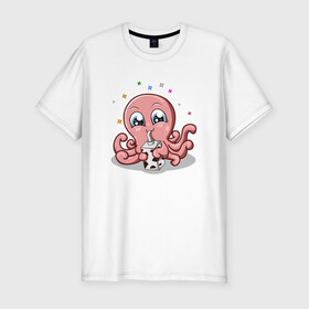 Мужская футболка хлопок Slim с принтом Милый Осьминог в Тюмени, 92% хлопок, 8% лайкра | приталенный силуэт, круглый вырез ворота, длина до линии бедра, короткий рукав | cute | octopus | милый | осьминог | осьминожка | тентакли