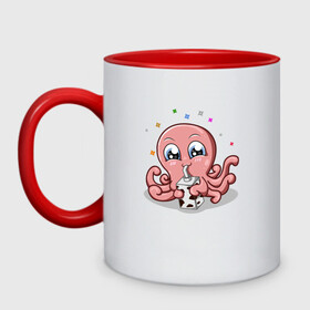 Кружка двухцветная с принтом Милый Осьминог в Тюмени, керамика | объем — 330 мл, диаметр — 80 мм. Цветная ручка и кайма сверху, в некоторых цветах — вся внутренняя часть | cute | octopus | милый | осьминог | осьминожка | тентакли