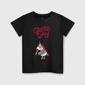 Детская футболка хлопок с принтом Green Day Unicorn в Тюмени, 100% хлопок | круглый вырез горловины, полуприлегающий силуэт, длина до линии бедер | Тематика изображения на принте: billie joe armstrong | green day | punk | rock | unicorn | билли джо | грин дей | панк | рок