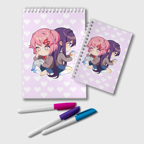 Блокнот с принтом Chibi Natsuki and Yuri в Тюмени, 100% бумага | 48 листов, плотность листов — 60 г/м2, плотность картонной обложки — 250 г/м2. Листы скреплены удобной пружинной спиралью. Цвет линий — светло-серый
 | ddlc | doki doki literature club | natsuki | yuri | натсуки | нацуки | юри