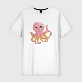 Мужская футболка хлопок Slim с принтом Осьминожка в Тюмени, 92% хлопок, 8% лайкра | приталенный силуэт, круглый вырез ворота, длина до линии бедра, короткий рукав | cute | octopus | милый | осьминог | осьминожка | тентакли