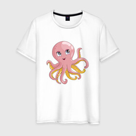 Мужская футболка хлопок с принтом Осьминожка в Тюмени, 100% хлопок | прямой крой, круглый вырез горловины, длина до линии бедер, слегка спущенное плечо. | cute | octopus | милый | осьминог | осьминожка | тентакли