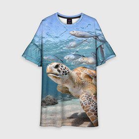 Детское платье 3D с принтом Морская черепаха в Тюмени, 100% полиэстер | прямой силуэт, чуть расширенный к низу. Круглая горловина, на рукавах — воланы | Тематика изображения на принте: море | морская | океан | подводный мир | рыбы | черепаха