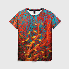 Женская футболка 3D с принтом Коралловые рыбки в Тюмени, 100% полиэфир ( синтетическое хлопкоподобное полотно) | прямой крой, круглый вырез горловины, длина до линии бедер | коралловые | море | океан | подводный мир | рифы | рыбки | рыбы