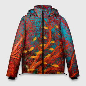 Мужская зимняя куртка 3D с принтом Коралловые рыбки в Тюмени, верх — 100% полиэстер; подкладка — 100% полиэстер; утеплитель — 100% полиэстер | длина ниже бедра, свободный силуэт Оверсайз. Есть воротник-стойка, отстегивающийся капюшон и ветрозащитная планка. 

Боковые карманы с листочкой на кнопках и внутренний карман на молнии. | коралловые | море | океан | подводный мир | рифы | рыбки | рыбы
