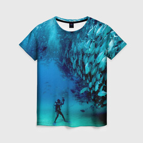 Женская футболка 3D с принтом Фото дайвинг в Тюмени, 100% полиэфир ( синтетическое хлопкоподобное полотно) | прямой крой, круглый вырез горловины, длина до линии бедер | дайвер | косяк | море | океан | подводный мир | рыбки | рыбы | фото дайвинг