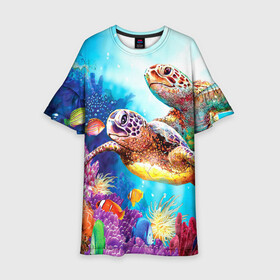 Детское платье 3D с принтом Морские черепахи в Тюмени, 100% полиэстер | прямой силуэт, чуть расширенный к низу. Круглая горловина, на рукавах — воланы | коралловые | море | морские | океан | подводный мир | рифы | рыбки | рыбы | черепахи