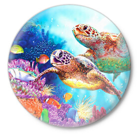 Значок с принтом Морские черепахи в Тюмени,  металл | круглая форма, металлическая застежка в виде булавки | Тематика изображения на принте: коралловые | море | морские | океан | подводный мир | рифы | рыбки | рыбы | черепахи