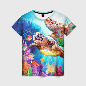 Женская футболка 3D с принтом Морские черепахи в Тюмени, 100% полиэфир ( синтетическое хлопкоподобное полотно) | прямой крой, круглый вырез горловины, длина до линии бедер | коралловые | море | морские | океан | подводный мир | рифы | рыбки | рыбы | черепахи