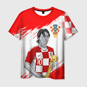 Мужская футболка 3D с принтом ЛУКА МОДРИЧ LUKA MODRIC в Тюмени, 100% полиэфир | прямой крой, круглый вырез горловины, длина до линии бедер | Тематика изображения на принте: football | luka modric | real madrid. | sport | лука модрич | реал мадрид | сборная хорватии | спорт | футбол