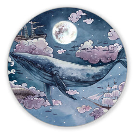 Коврик для мышки круглый с принтом Кит среди облаков в Тюмени, резина и полиэстер | круглая форма, изображение наносится на всю лицевую часть | кит | кит в облаках | луна | облака. корабль | рыбы