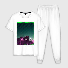 Мужская пижама хлопок с принтом Ночной город в Тюмени, 100% хлопок | брюки и футболка прямого кроя, без карманов, на брюках мягкая резинка на поясе и по низу штанин
 | city | light | moon | neon | night | stripes | город | месяц | неон | ночь | полосы | фонари