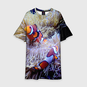 Детское платье 3D с принтом Клоуны в актинии в Тюмени, 100% полиэстер | прямой силуэт, чуть расширенный к низу. Круглая горловина, на рукавах — воланы | Тематика изображения на принте: актиния | клоуны | коралловые | море | подводный мир | рыбки