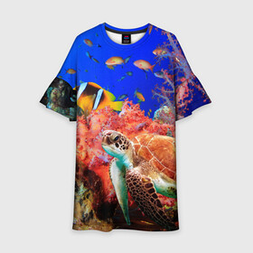 Детское платье 3D с принтом Морская черепаха в Тюмени, 100% полиэстер | прямой силуэт, чуть расширенный к низу. Круглая горловина, на рукавах — воланы | Тематика изображения на принте: кораллы | море | морская черепаха | подводный мир | рыбки
