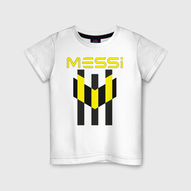 Детская футболка хлопок с принтом Желто-черный образ лого Messi в Тюмени, 100% хлопок | круглый вырез горловины, полуприлегающий силуэт, длина до линии бедер | Тематика изображения на принте: argentina | barca | barcelona | fc barcelona | lionel messi | spain | sport | uefa | аргентина | барса | барселона | золотой мяч | игрок | испания | камп ноу | лео месси | лионель месси | мяч | спорт | тренер | уефа 