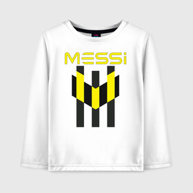 Детский лонгслив хлопок с принтом Желто-черный образ лого Messi в Тюмени, 100% хлопок | круглый вырез горловины, полуприлегающий силуэт, длина до линии бедер | argentina | barca | barcelona | fc barcelona | lionel messi | spain | sport | uefa | аргентина | барса | барселона | золотой мяч | игрок | испания | камп ноу | лео месси | лионель месси | мяч | спорт | тренер | уефа 