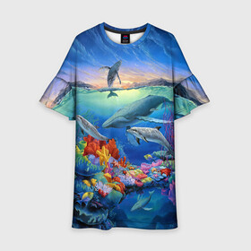 Детское платье 3D с принтом Киты и дельфины в Тюмени, 100% полиэстер | прямой силуэт, чуть расширенный к низу. Круглая горловина, на рукавах — воланы | Тематика изображения на принте: горы | дельфины | закат солнца | киты | кораллы | море | океан | подводный мир