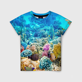 Детская футболка 3D с принтом Риф в Тюмени, 100% гипоаллергенный полиэфир | прямой крой, круглый вырез горловины, длина до линии бедер, чуть спущенное плечо, ткань немного тянется | коралловый риф | полосатые рыбы | риф | рыбы | сказочный риф
