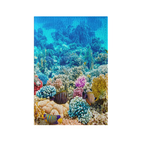Обложка для паспорта матовая кожа с принтом Риф в Тюмени, натуральная матовая кожа | размер 19,3 х 13,7 см; прозрачные пластиковые крепления | Тематика изображения на принте: коралловый риф | полосатые рыбы | риф | рыбы | сказочный риф