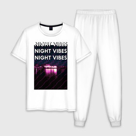 Мужская пижама хлопок с принтом Ночная гладь в Тюмени, 100% хлопок | брюки и футболка прямого кроя, без карманов, на брюках мягкая резинка на поясе и по низу штанин
 | neon | night city | retrowave | вода | неон | ночь | отражение | полосы | ретровейв | свет