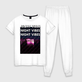 Женская пижама хлопок с принтом Ночная гладь в Тюмени, 100% хлопок | брюки и футболка прямого кроя, без карманов, на брюках мягкая резинка на поясе и по низу штанин | Тематика изображения на принте: neon | night city | retrowave | вода | неон | ночь | отражение | полосы | ретровейв | свет