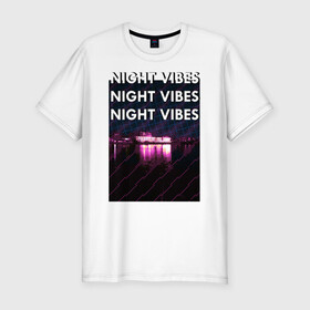 Мужская футболка хлопок Slim с принтом Ночная гладь в Тюмени, 92% хлопок, 8% лайкра | приталенный силуэт, круглый вырез ворота, длина до линии бедра, короткий рукав | neon | night city | retrowave | вода | неон | ночь | отражение | полосы | ретровейв | свет