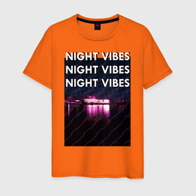 Мужская футболка хлопок с принтом Ночная гладь в Тюмени, 100% хлопок | прямой крой, круглый вырез горловины, длина до линии бедер, слегка спущенное плечо. | neon | night city | retrowave | вода | неон | ночь | отражение | полосы | ретровейв | свет